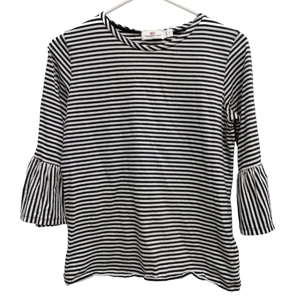 Vineyard Vines Womens Top Small Black White Striped Bell Sleeve Preppy Casual